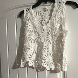 POL White Floral Crochet Tank Top